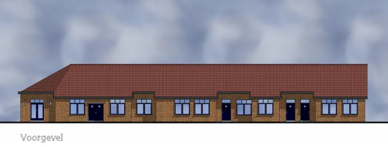 Tekening van de voorgevel van de zeven woningen in het voormalige verenigingsgebouw in Hoogwoud