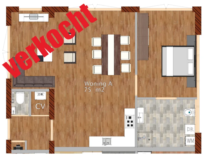 Plattegrond woning A, voormalig verenigingsgebouw in Hoogwoud