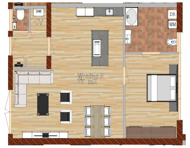 Plattegrond woning B, voormalig verenigingsgebouw in Hoogwoud