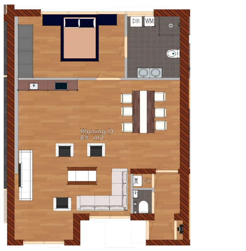 Plattegrond woning D, middenwoning in het voormalige verenigingsgebouw in Hoogwoud