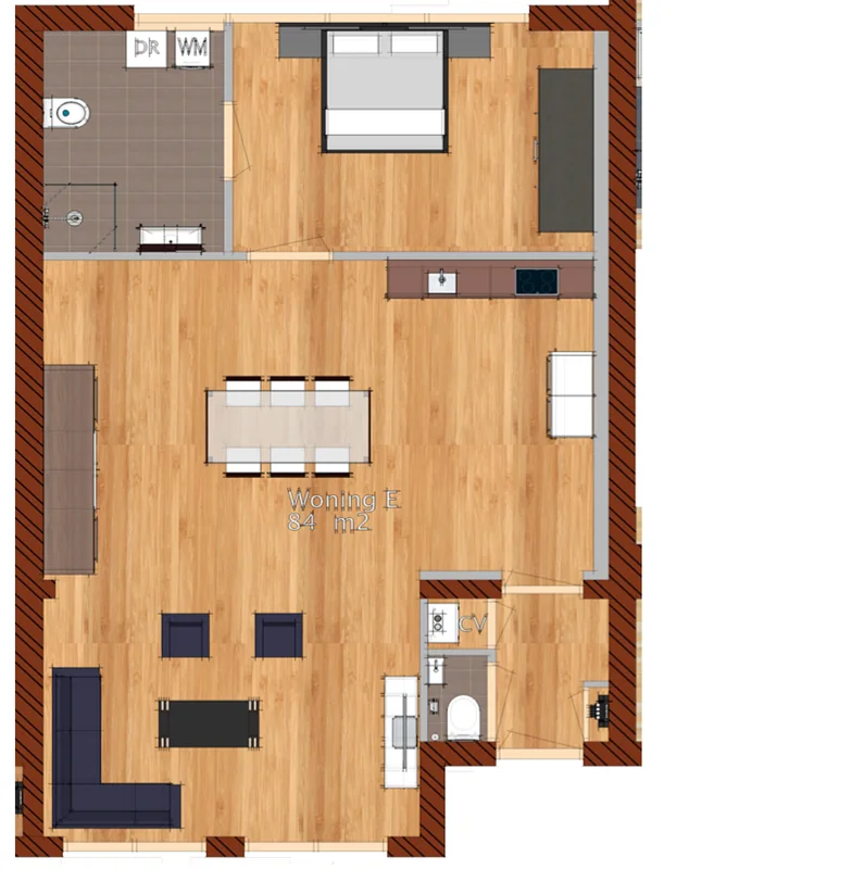 Plattegrond woning E, middenwoning in het voormalige verenigingsgebouw in Hoogwoud