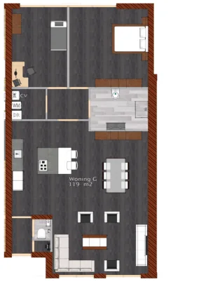 Plattegrond woning G met twee slaapkamers, voormalig verenigingsgebouw in Hoogwoud