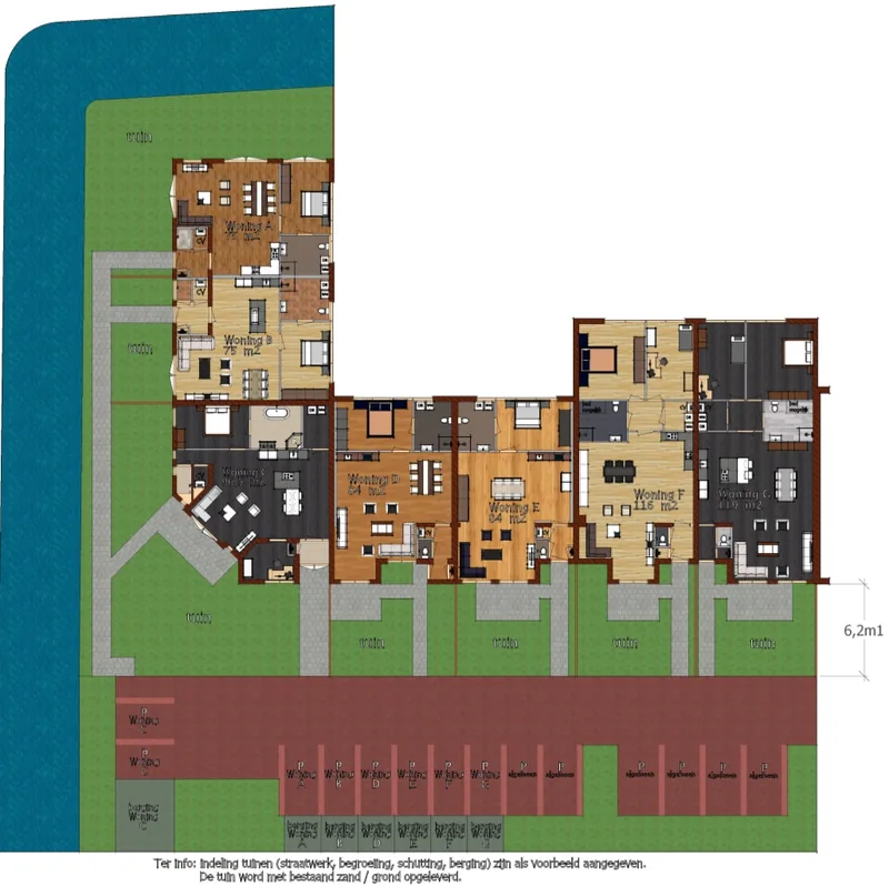 Terreinindeling met tuinen, parkeerplaatsen en bergingen van de zeven woningen in Hoogwoud