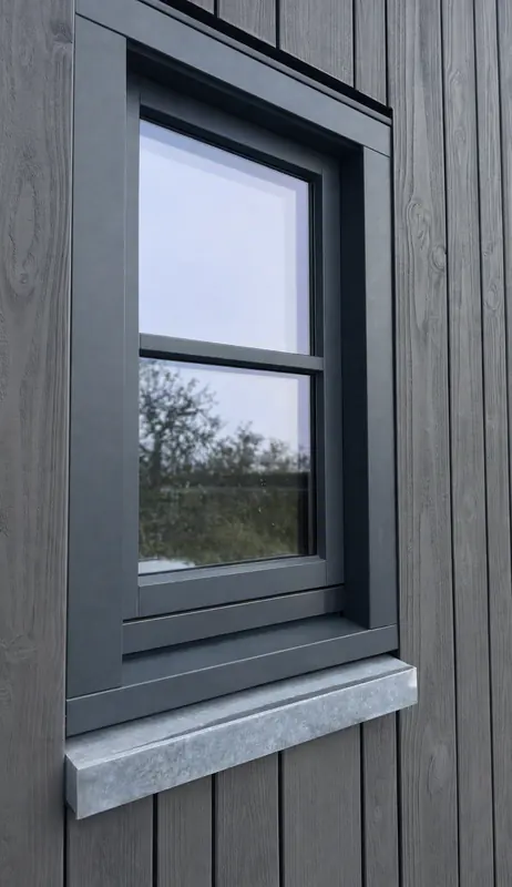 Antraciet kozijn met zinken waterslag in donkere verticale houten gevelbekleding